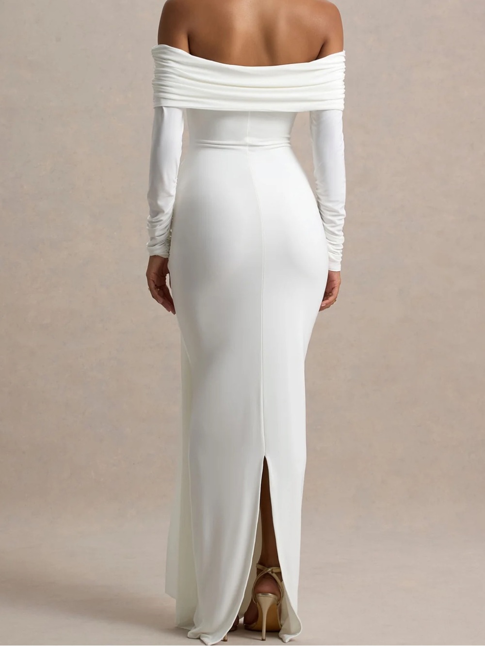 Club L London Off-Shoulder White Maxi Dress with Draped Knot Detail - Picture 5 of 7
